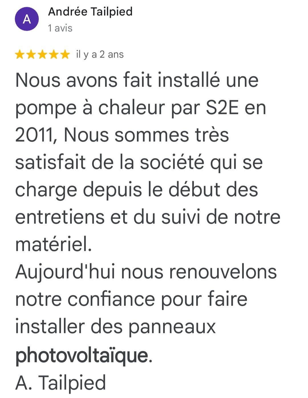 Avis Google 5 étoiles — Andrée Tailpied — panneaux photovoltaïques S2E Normandie