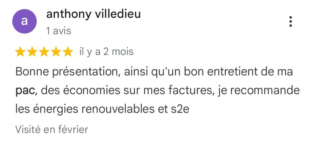Avis Google 5 étoiles — Anthony Villedieu — client S2E Normandie