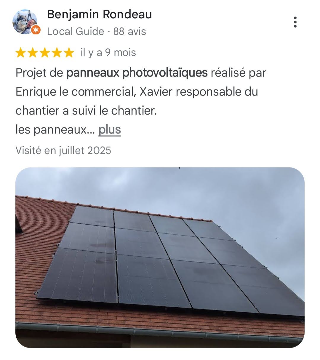 Avis Google 5 étoiles — Benjamin Rondeau (Local Guide) — panneaux photovoltaïques S2E Normandie