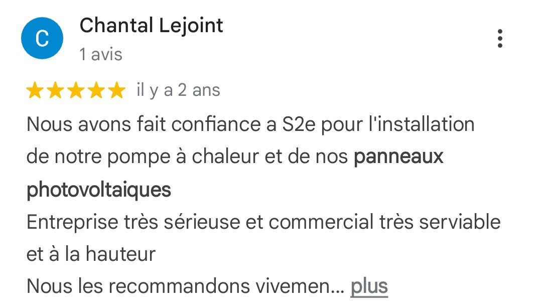 Avis Google 5 étoiles — Chantal Lejoint — panneaux photovoltaïques S2E Normandie