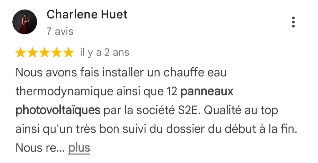 Avis Google 5 étoiles — Charlène Huet — 12 panneaux photovoltaïques S2E Normandie