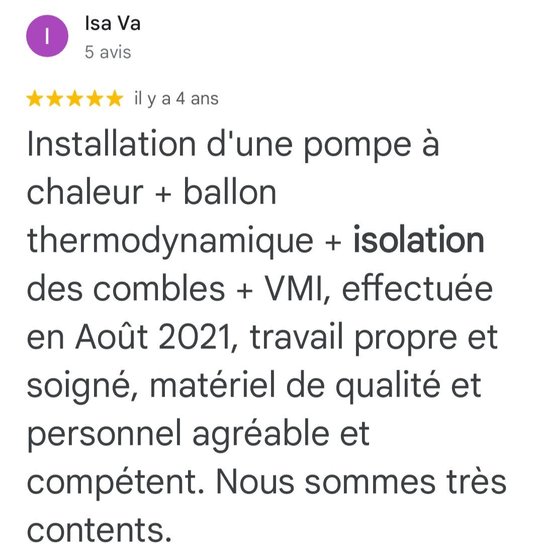 Avis Google 5 étoiles — Isa Va — isolation combles, travail propre et soigné, S2E Normandie