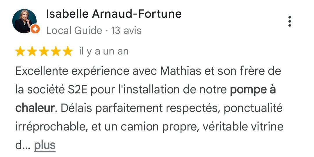 Avis Google 5 étoiles — Isabelle Arnaud-Fortune (Local Guide) — client S2E Normandie