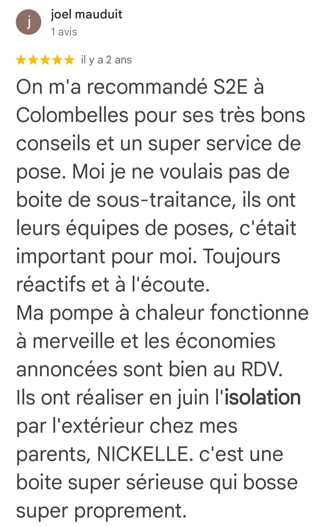 Avis Google 5 étoiles — Joel Mauduit — isolation par l'extérieur, S2E Normandie