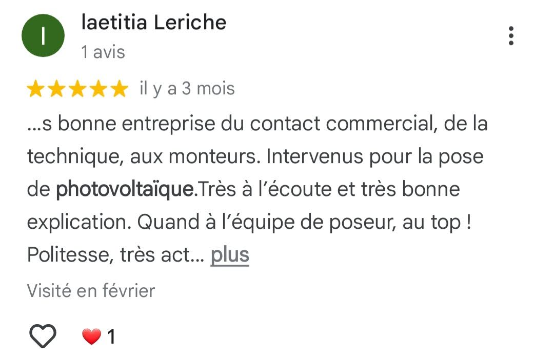 Avis Google 5 étoiles — Laetitia Leriche — pose photovoltaïque S2E Normandie