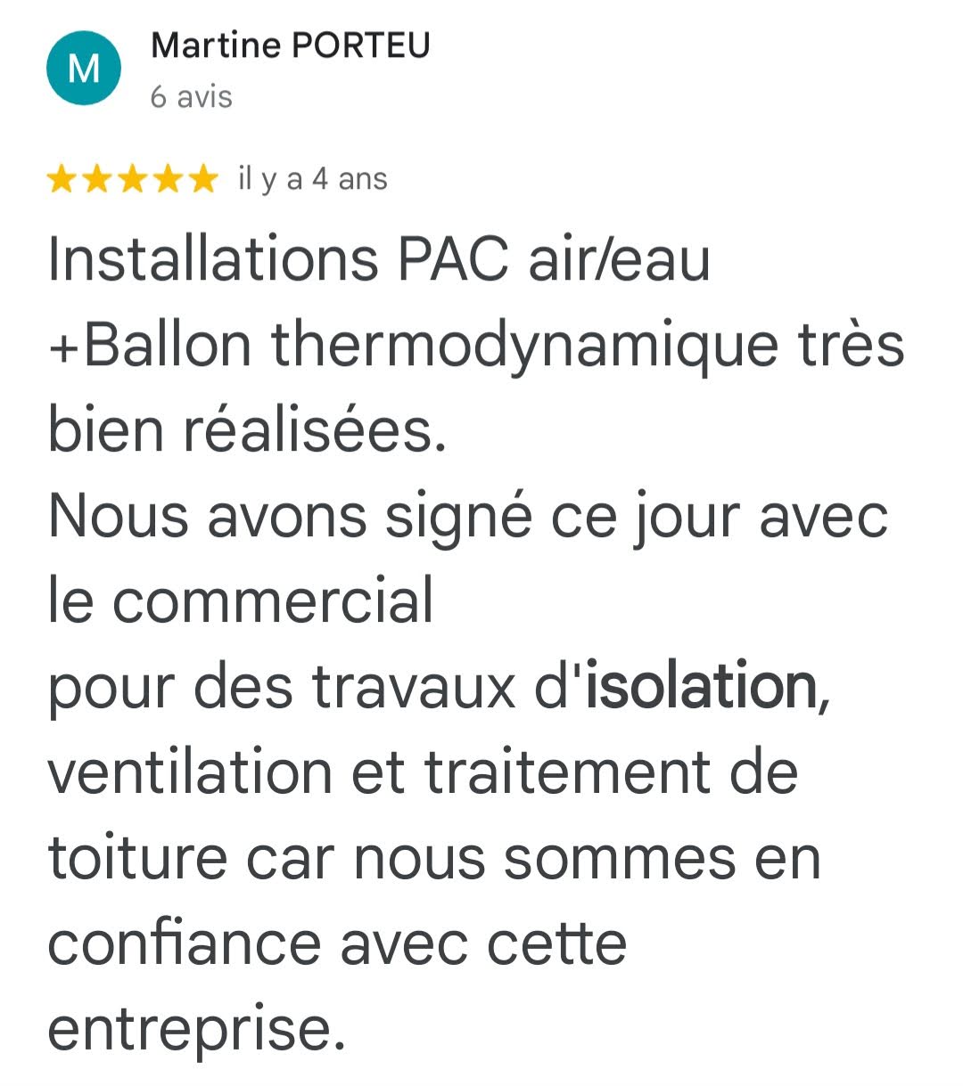 Avis Google 5 étoiles — Martine Porteu — travaux d'isolation et ventilation, S2E Normandie