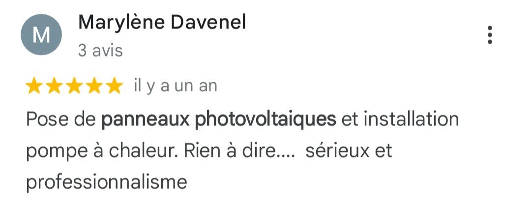 Avis Google 5 étoiles — Marylène Davenel — pose panneaux photovoltaïques S2E Normandie