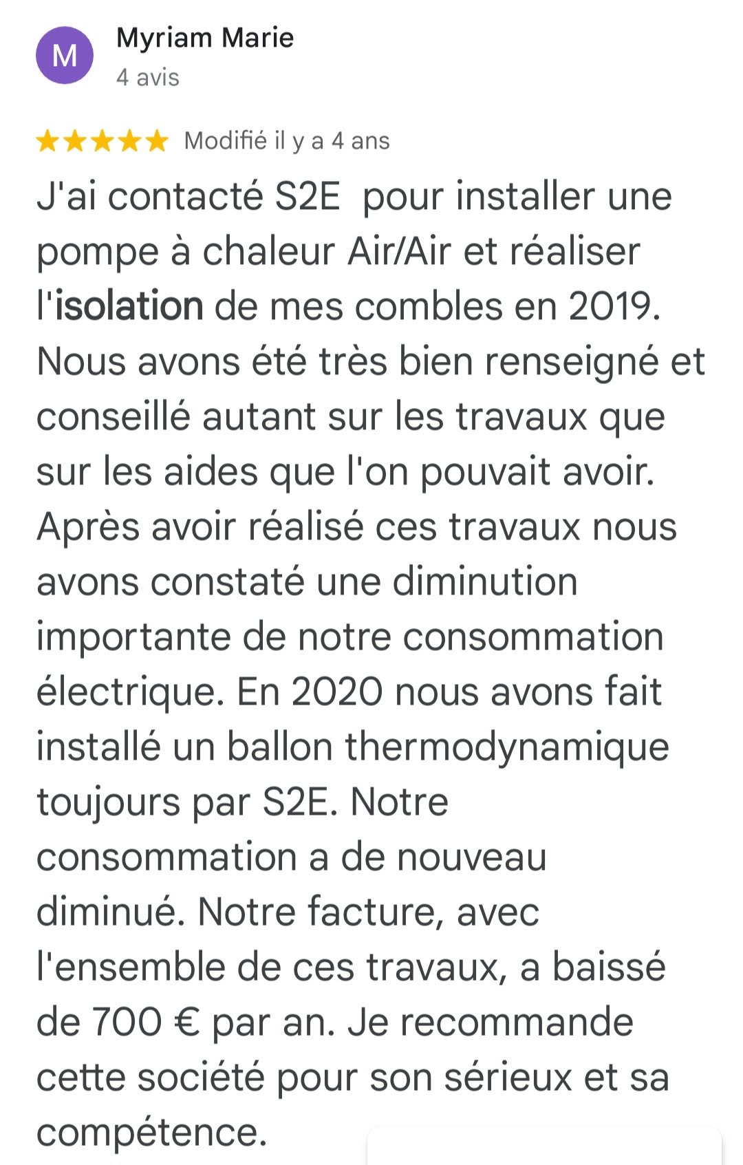 Avis Google 5 étoiles — Myriam Marie — isolation combles et PAC, facture -700€/an, S2E Normandie