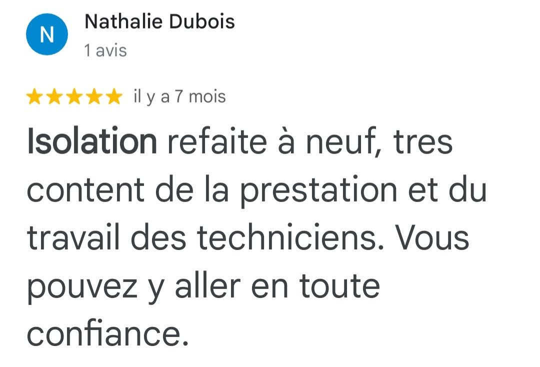 Avis Google 5 étoiles — Nathalie Dubois — isolation refaite à neuf, S2E Normandie