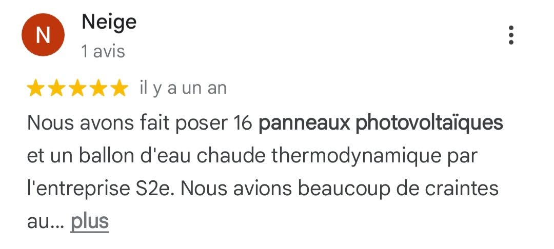 Avis Google 5 étoiles — Neige — 16 panneaux photovoltaïques S2E Normandie