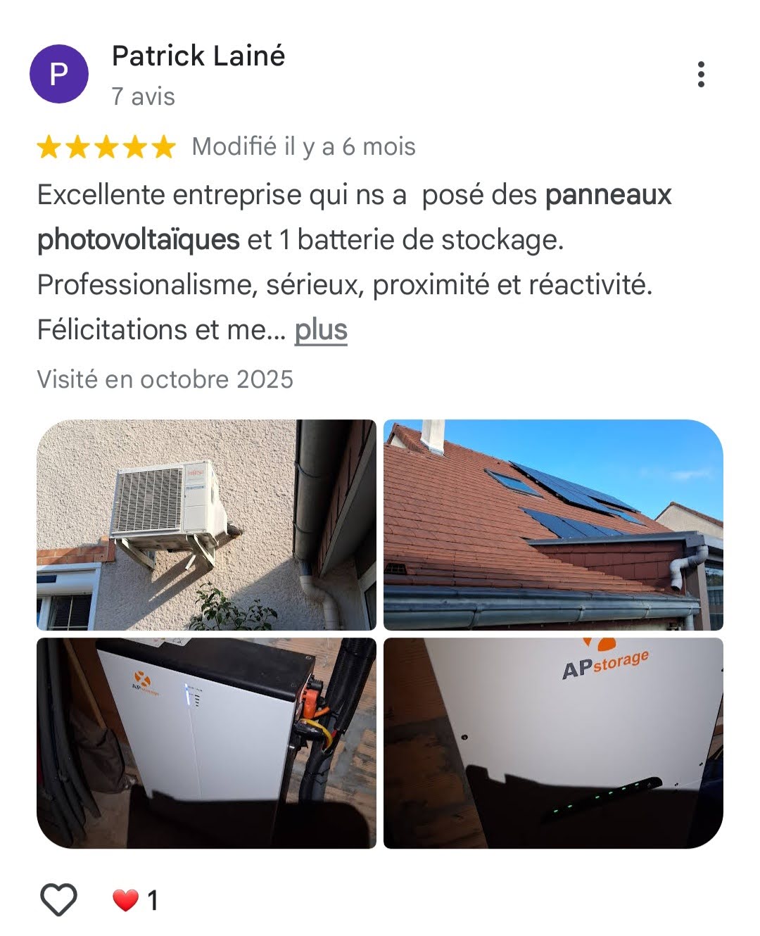 Avis Google 5 étoiles — Patrick Lainé — panneaux photovoltaïques + batterie S2E Normandie
