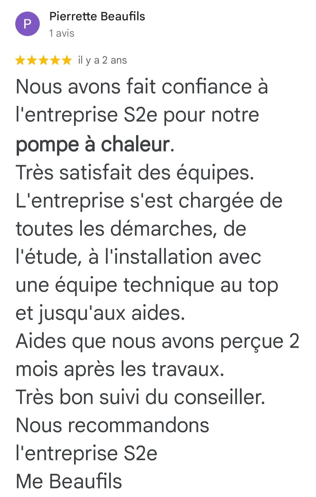 Avis Google 5 étoiles — Pierrette Beaufils — client S2E Normandie