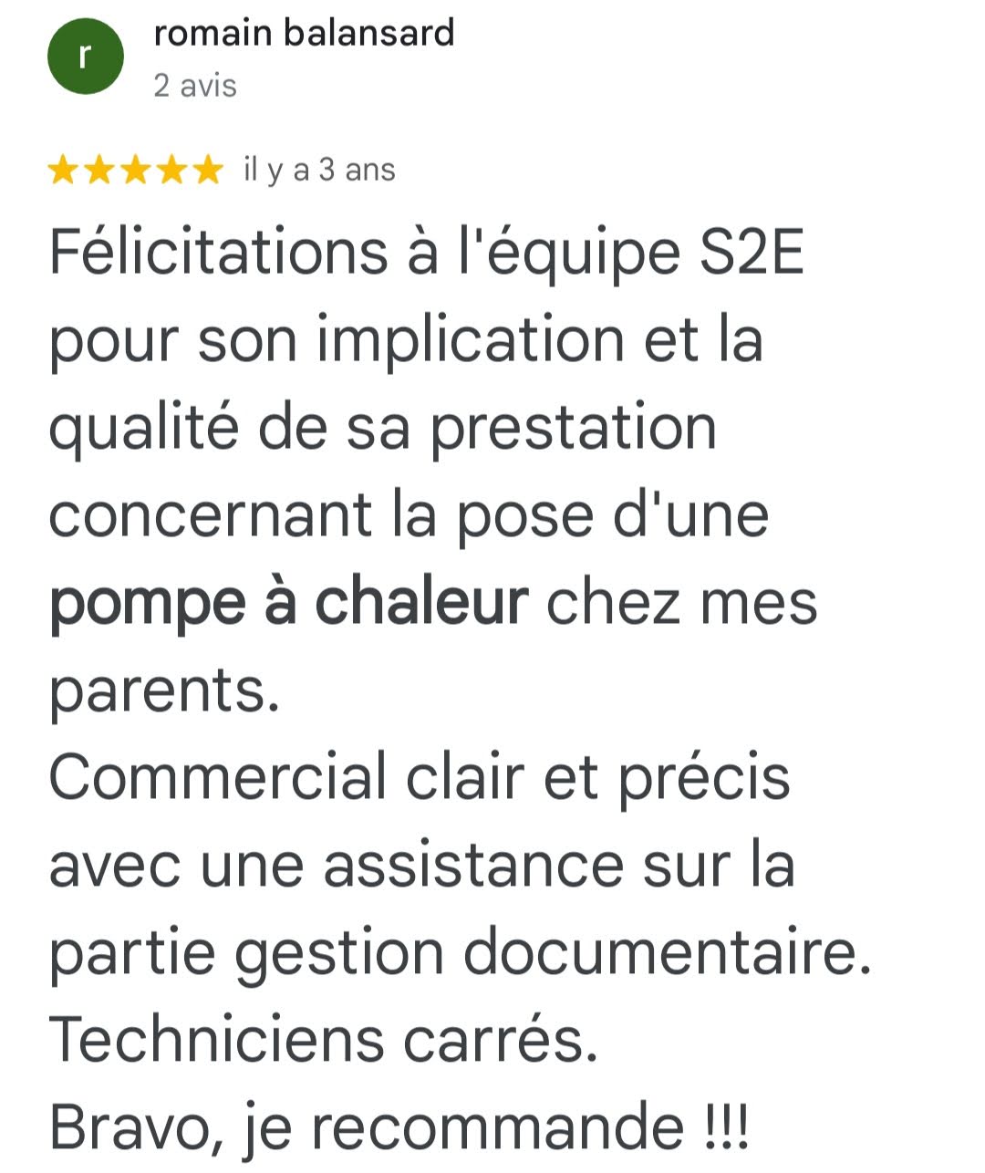 Avis Google 5 étoiles — Romain Balansard — client S2E Normandie