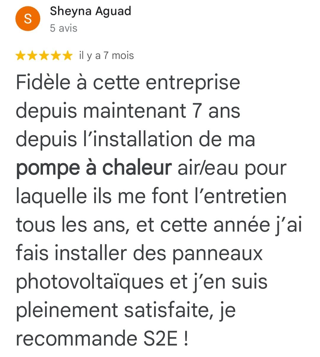 Avis Google 5 étoiles — Sheyna Aguad — client S2E Normandie