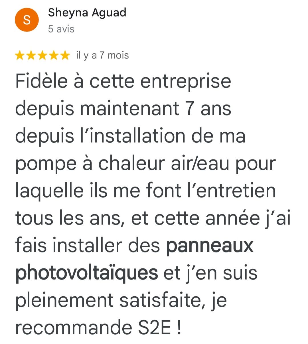 Avis Google 5 étoiles — Sheyna Aguad — panneaux photovoltaïques S2E Normandie