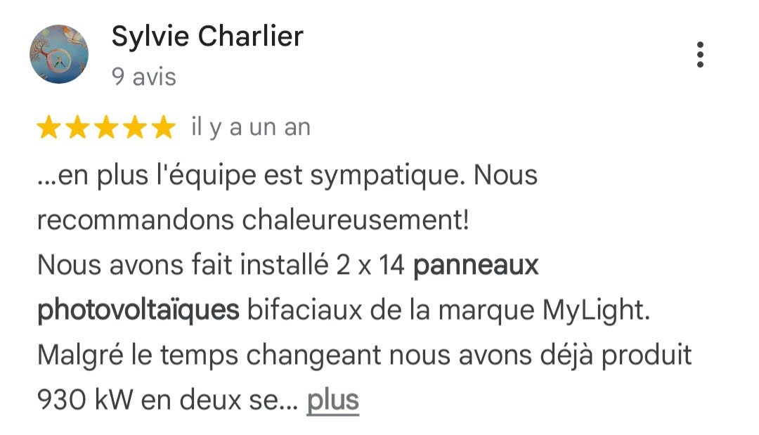 Avis Google 5 étoiles — Sylvie Charlier — panneaux photovoltaïques bifaciaux S2E Normandie