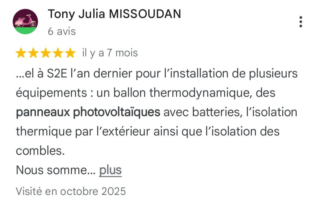 Avis Google 5 étoiles — Tony Julia Missoudan — panneaux photovoltaïques S2E Normandie