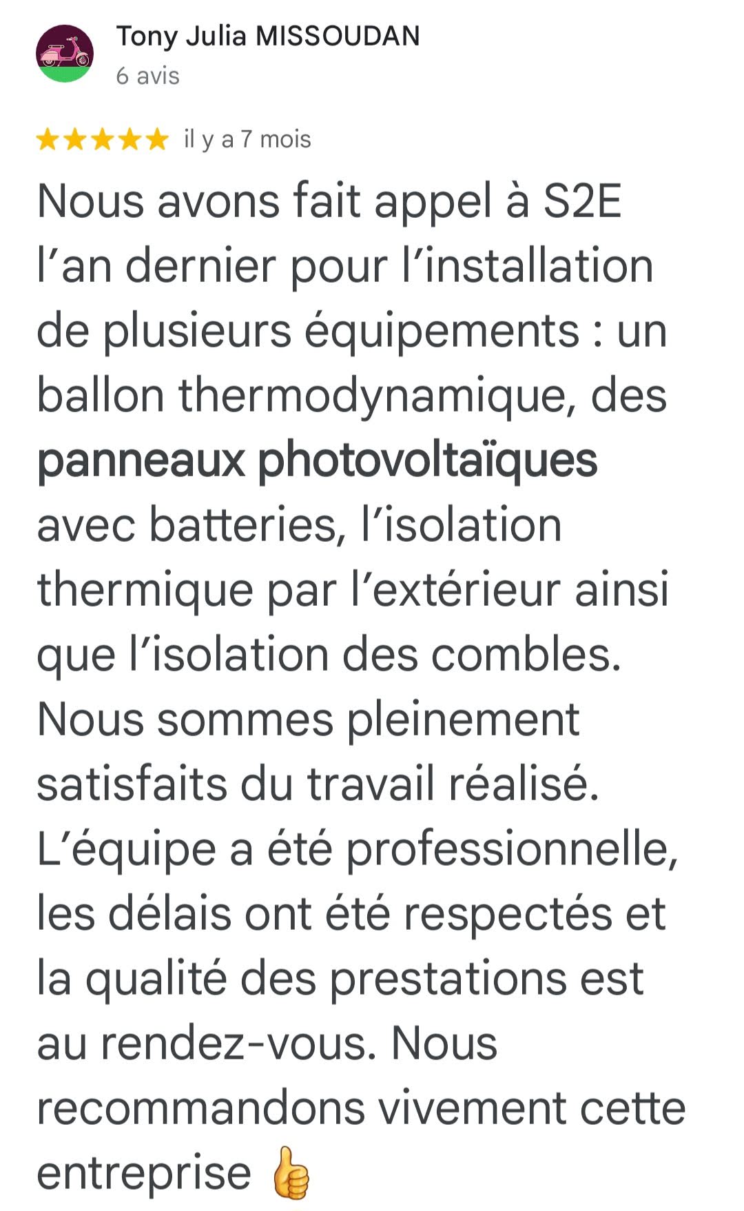 Avis Google 5 étoiles — Tony Julia Missoudan (détail) — installation S2E Normandie