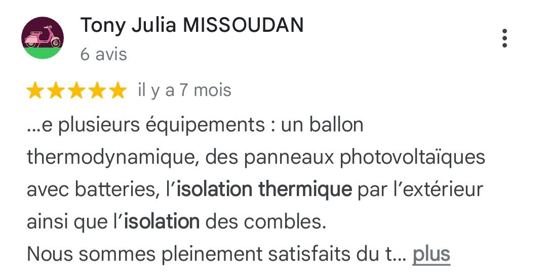 Avis Google 5 étoiles — Tony Julia Missoudan — isolation des combles, S2E Normandie