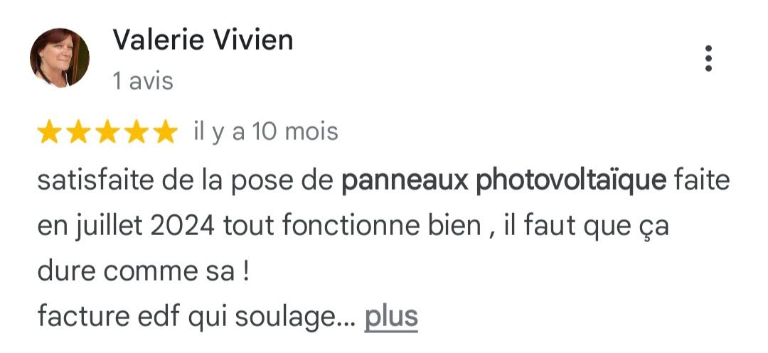 Avis Google 5 étoiles — Valérie Vivien — pose photovoltaïque S2E Normandie