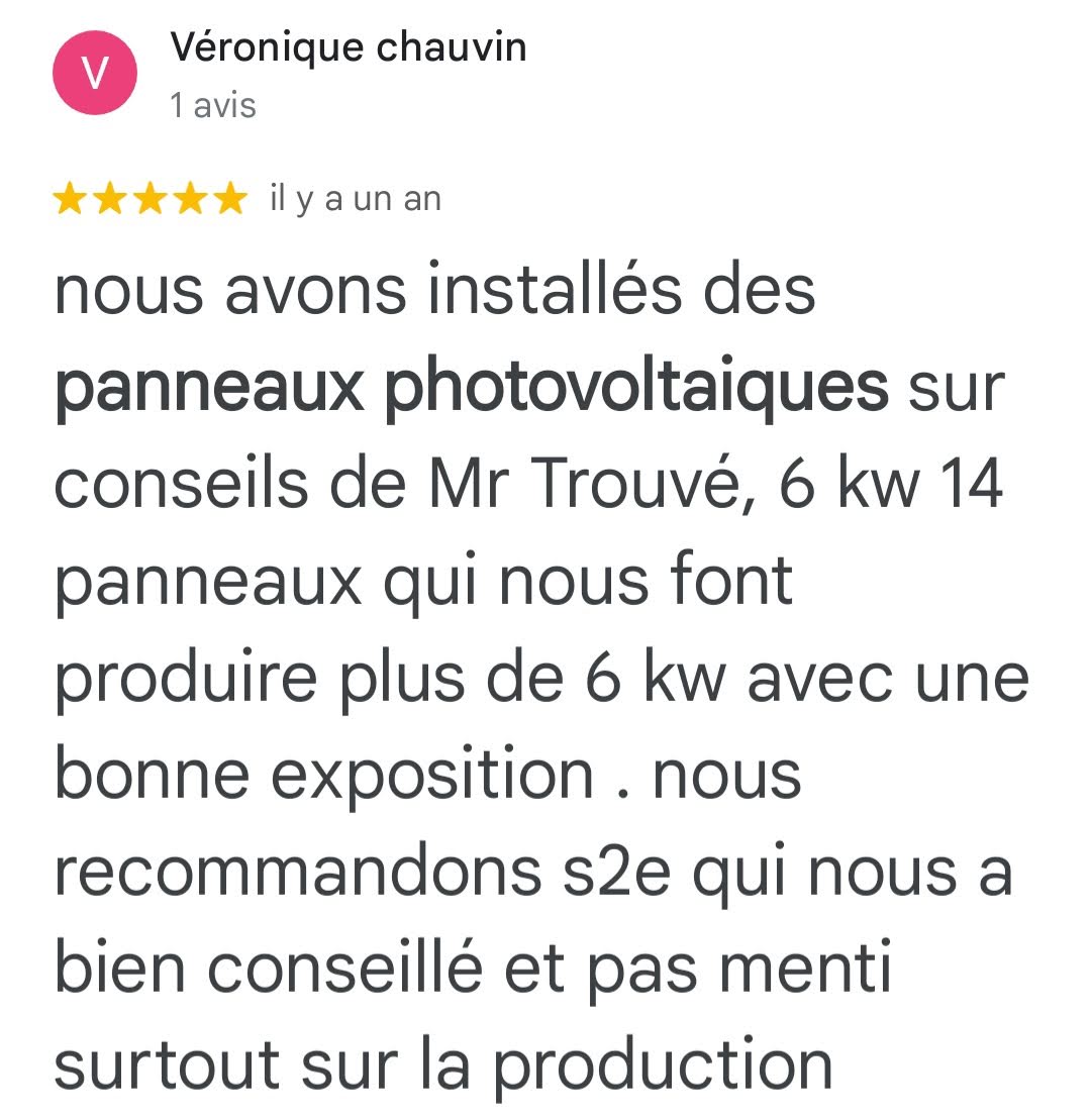 Avis Google 5 étoiles — Véronique Chauvin — 14 panneaux photovoltaïques 6 kW S2E Normandie