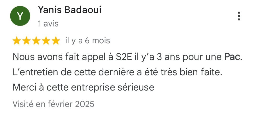 Avis Google 5 étoiles — Yanis Badaoui — client S2E Normandie